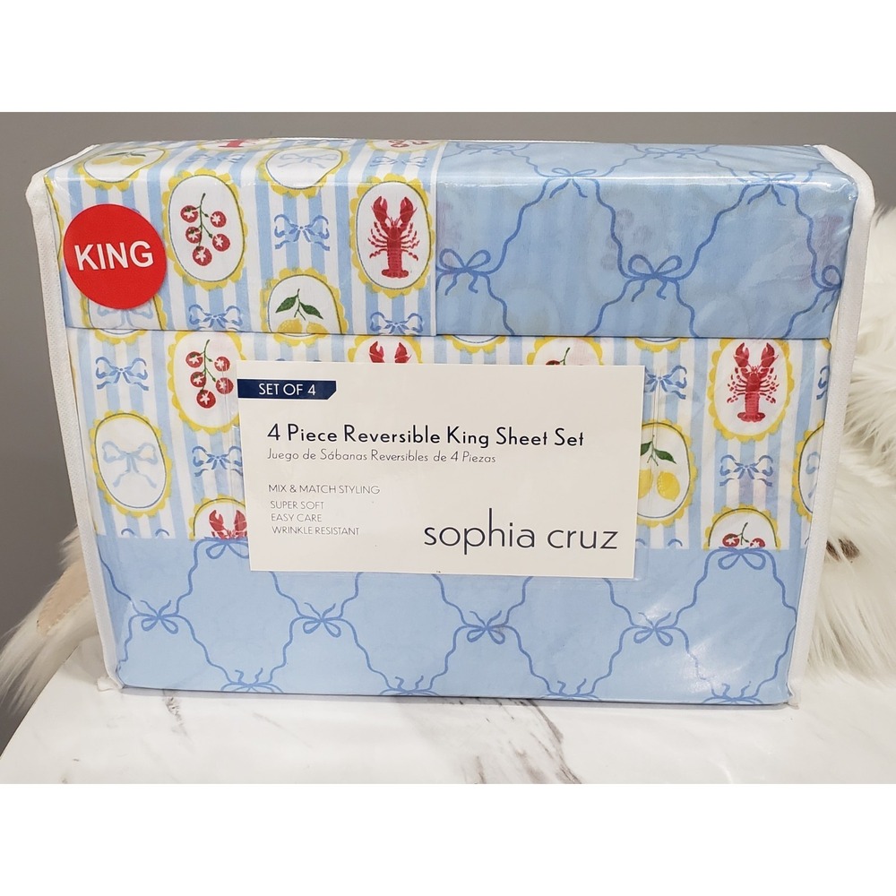NEW 4 PIECE KING SIZE sheet set lobster ribbons fruit lemons nautical beach blue